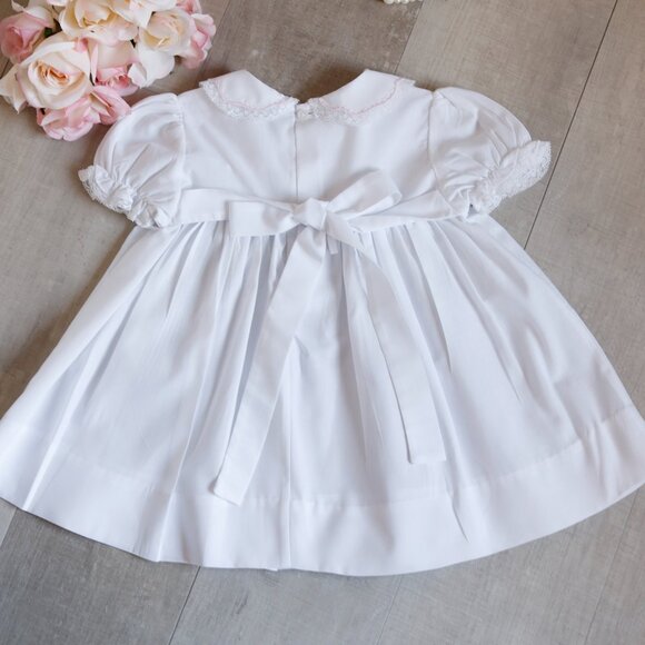 White Dress Feltman Brothers Friedknit Pink Embroidery Special Diaper Cover NWOT - Picture 6 of 9